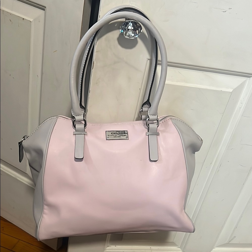 Guess Two-Tone Pink and Light Gray Leather Satchel